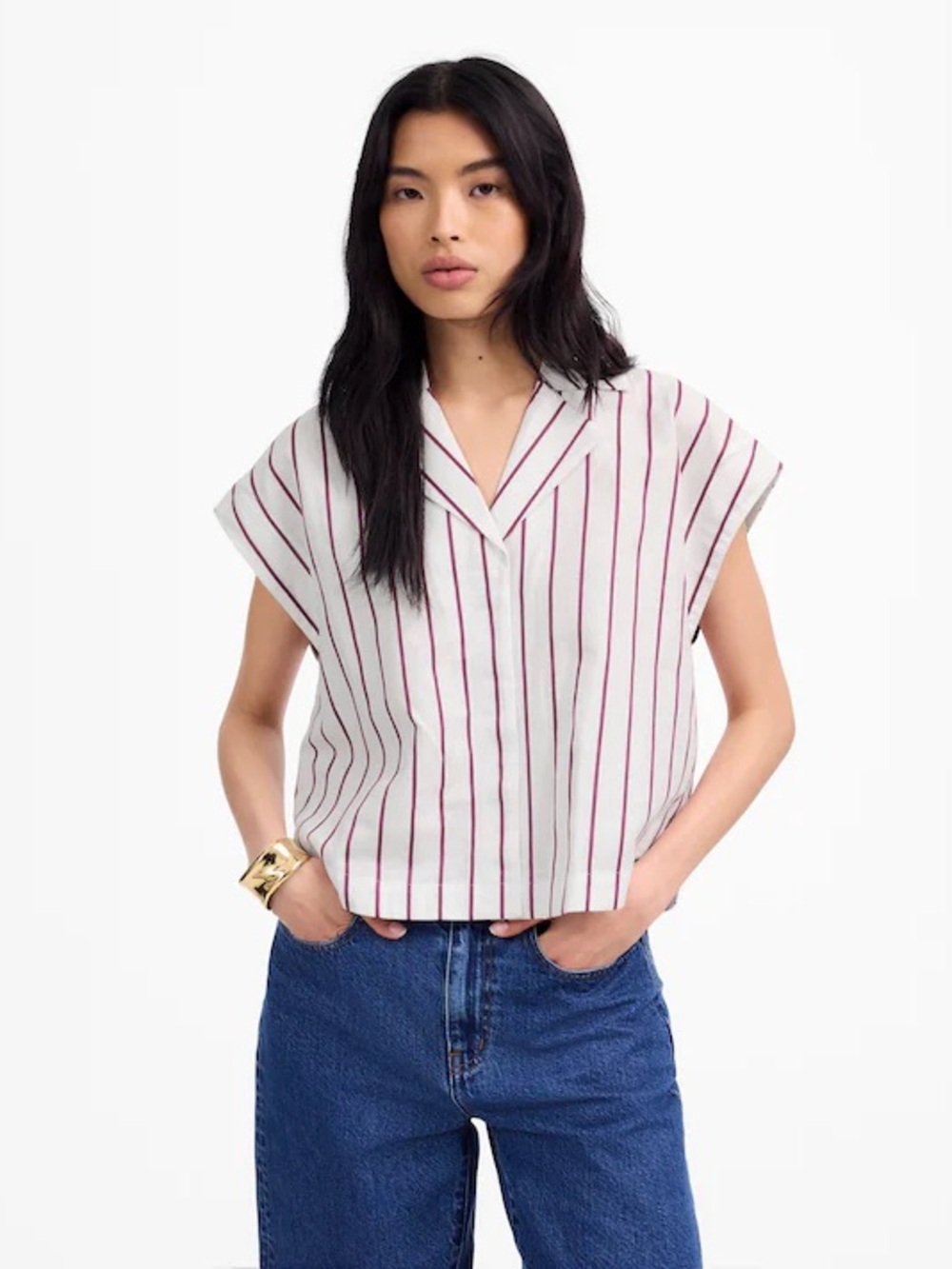 Madewell Dark Rose Stripe Resort Collar Shirt in Linen-Cotton Size L